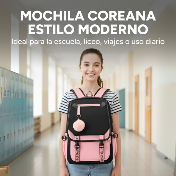 Pack x3 Mochila Kawaii Impermeable Usb Multuso Resistente Variante Color Rosa Negro