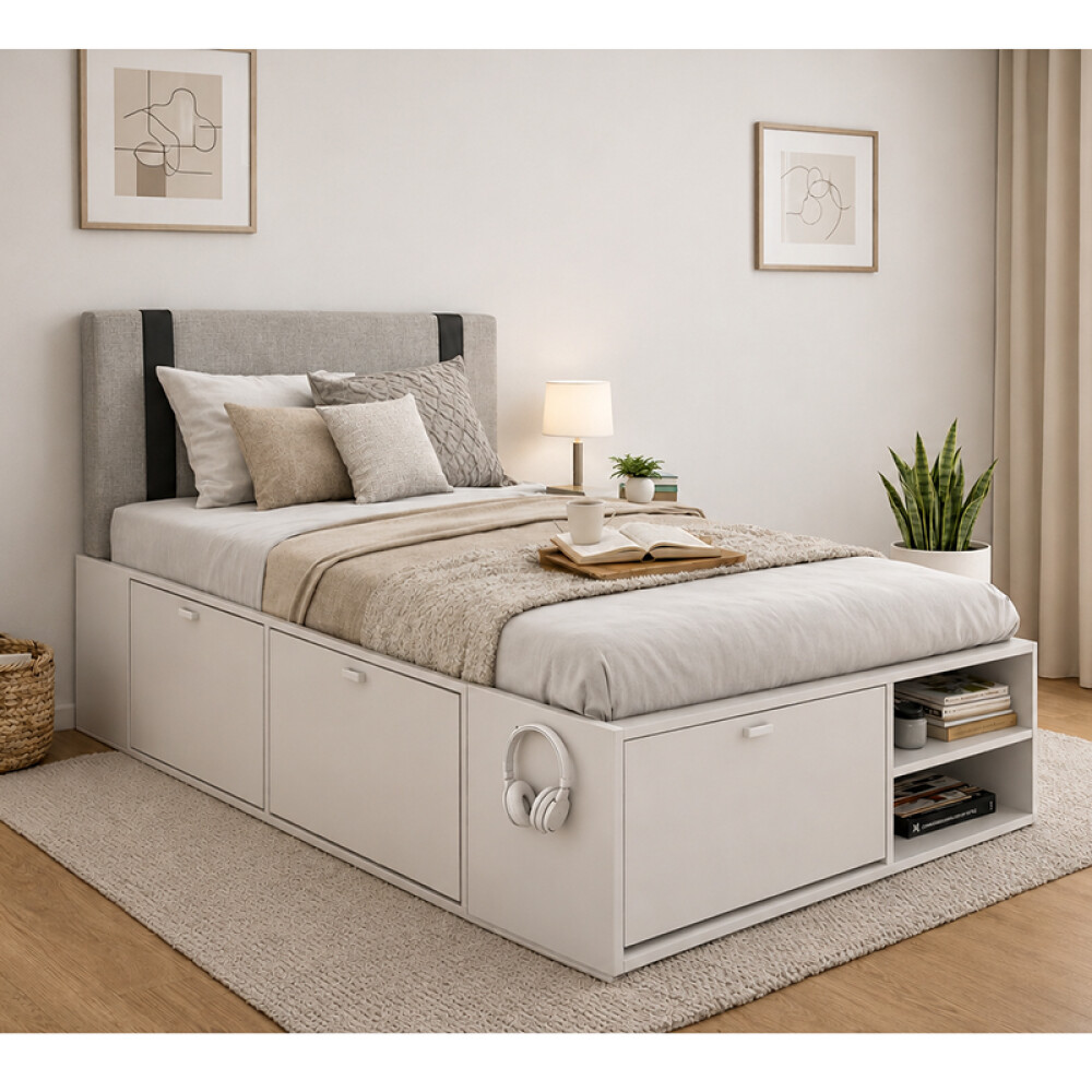 Cama 1 plaza con zapatera y cajones blanco