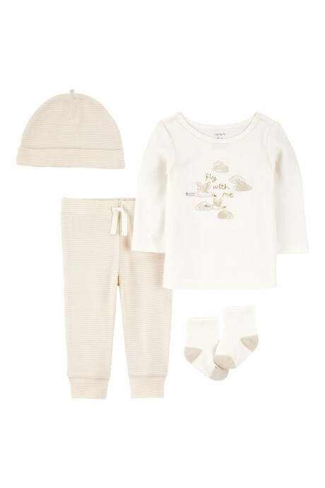 Set cuatro piezas de algodón, pantalón, remera, gorro y medias Sin color