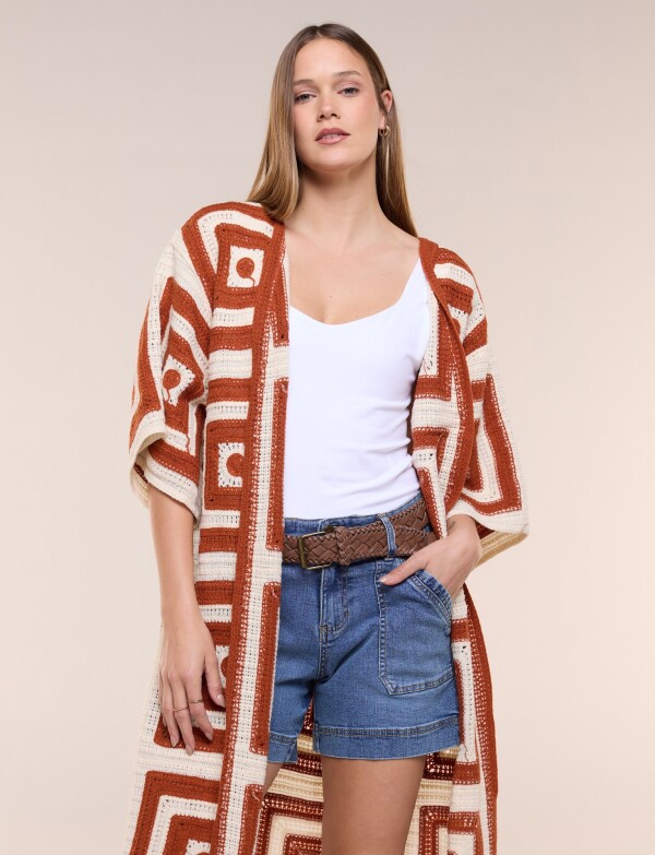 Cardigan Largo Crochet Mangas Kimono TERRACOTA