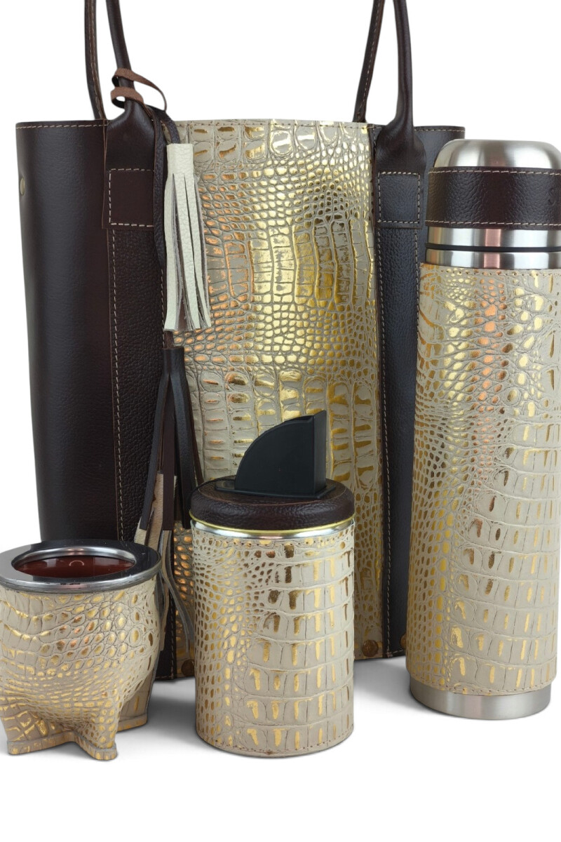 Set de matera para dama en cuero legítimo Beige con dorado