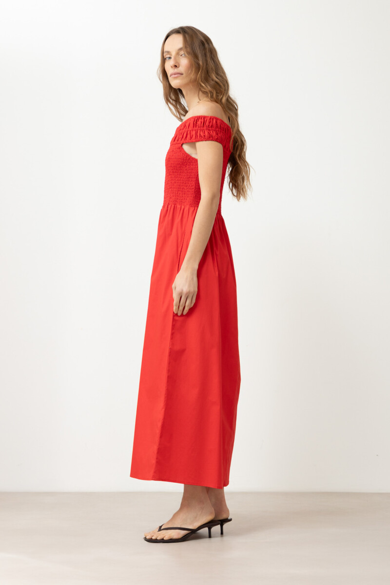 Vestido escote bardot con bolsillos rojo