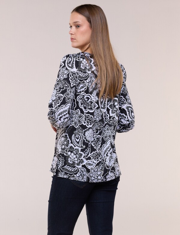Blusa Manga Abullonada Estampado Floral Arabesco NEGRO/BLANCO