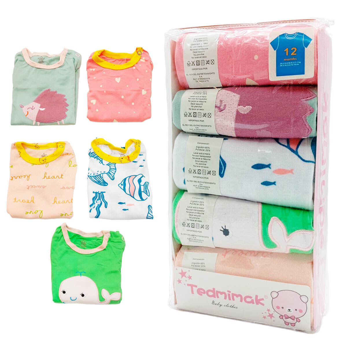 Set X5 Remeras Bebé Manga Corta Body Camiseta Algodón - Rosado 