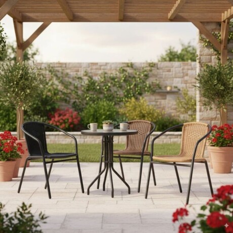 Silla De Patio Simil Ratan y Acero Clásica Beige 4653 Silla De Patio Simil Ratan y Acero Clásica Beige 4653