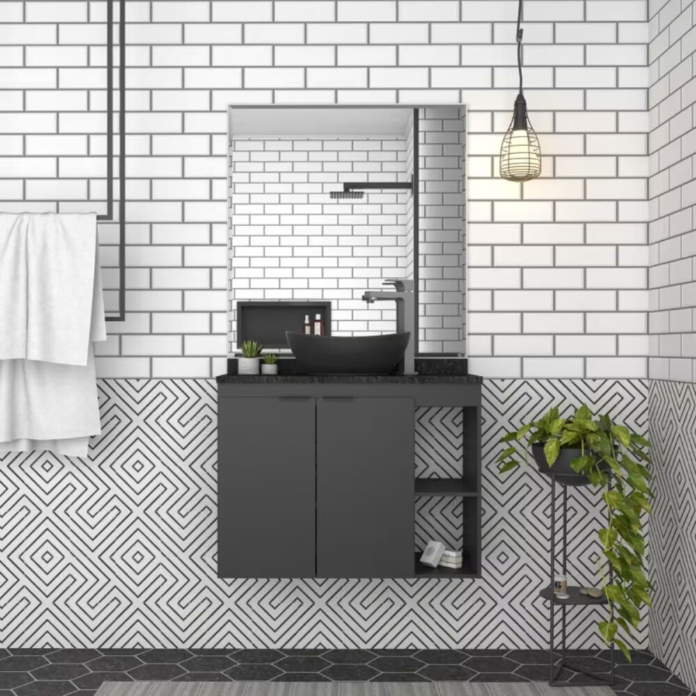 Mueble de baño suspendido Aster Negro 80 cm mesada granito sin bacha Mueble De Baño Suspendido Aster Negro 80 Cm Mesada Granito Sin Bacha