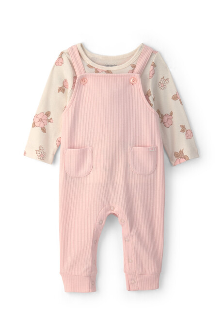 Set dos piezas de algodón, enterito y remera, rosado y crema, diseño floral Sin color
