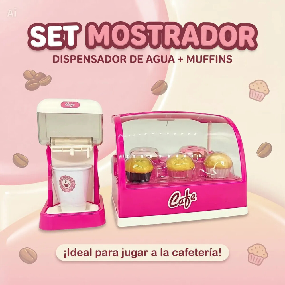 Set de cafetería con muffins, donuts y dispensador de bebidas Set de cafetería con muffins, donuts y dispensador de bebidas