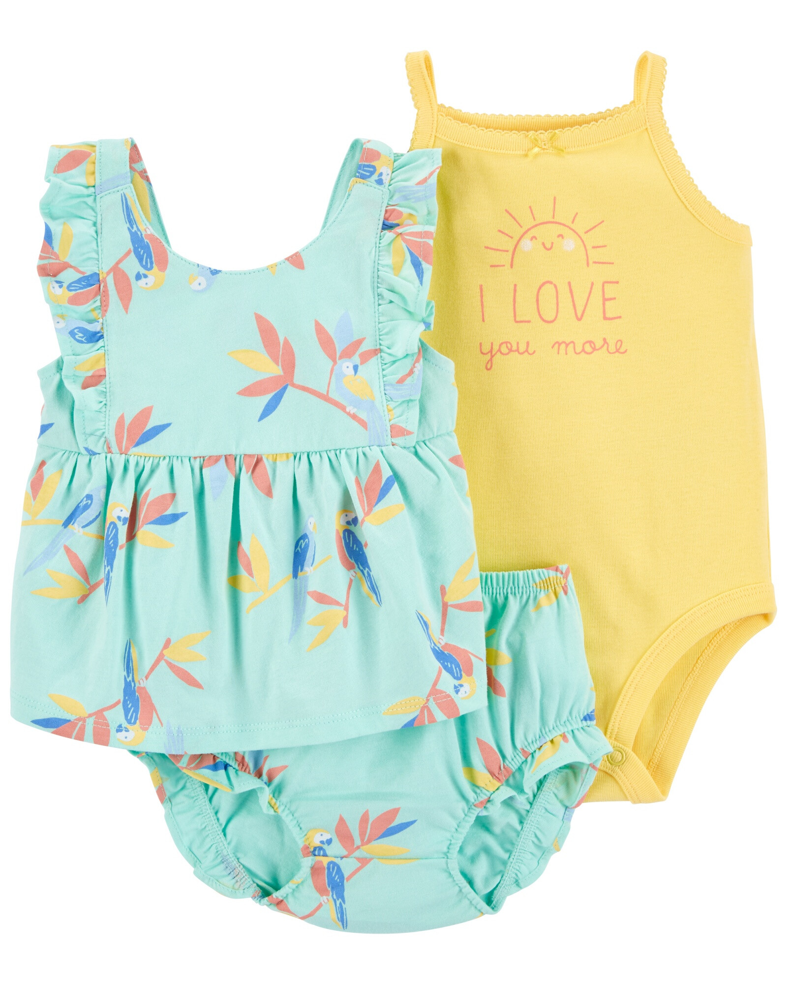 Set tres piezas short bombachudo, blusa a juego y body sin mangas de algodón 0