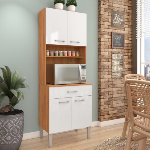 Mueble Alacena de Cocina Organizador para Microondas con Nicho y Cajón 168 x 60 cm - Cinamomo / Blanco Mueble Alacena de Cocina Organizador para Microondas con Nicho y Cajón 168 x 60 cm - Cinamomo / Blanco