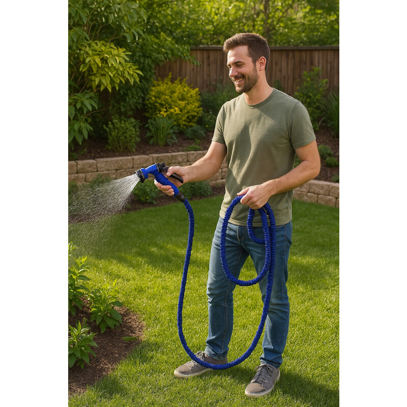 Manguera Flexible Expandible 45 Metros Retractil Con Acoples Azul