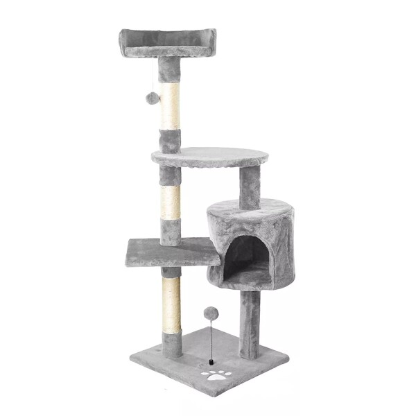 Rascador Torre Cama 4 Niveles En Felpa Y Sisal Para Gato Variante Color Gris Claro