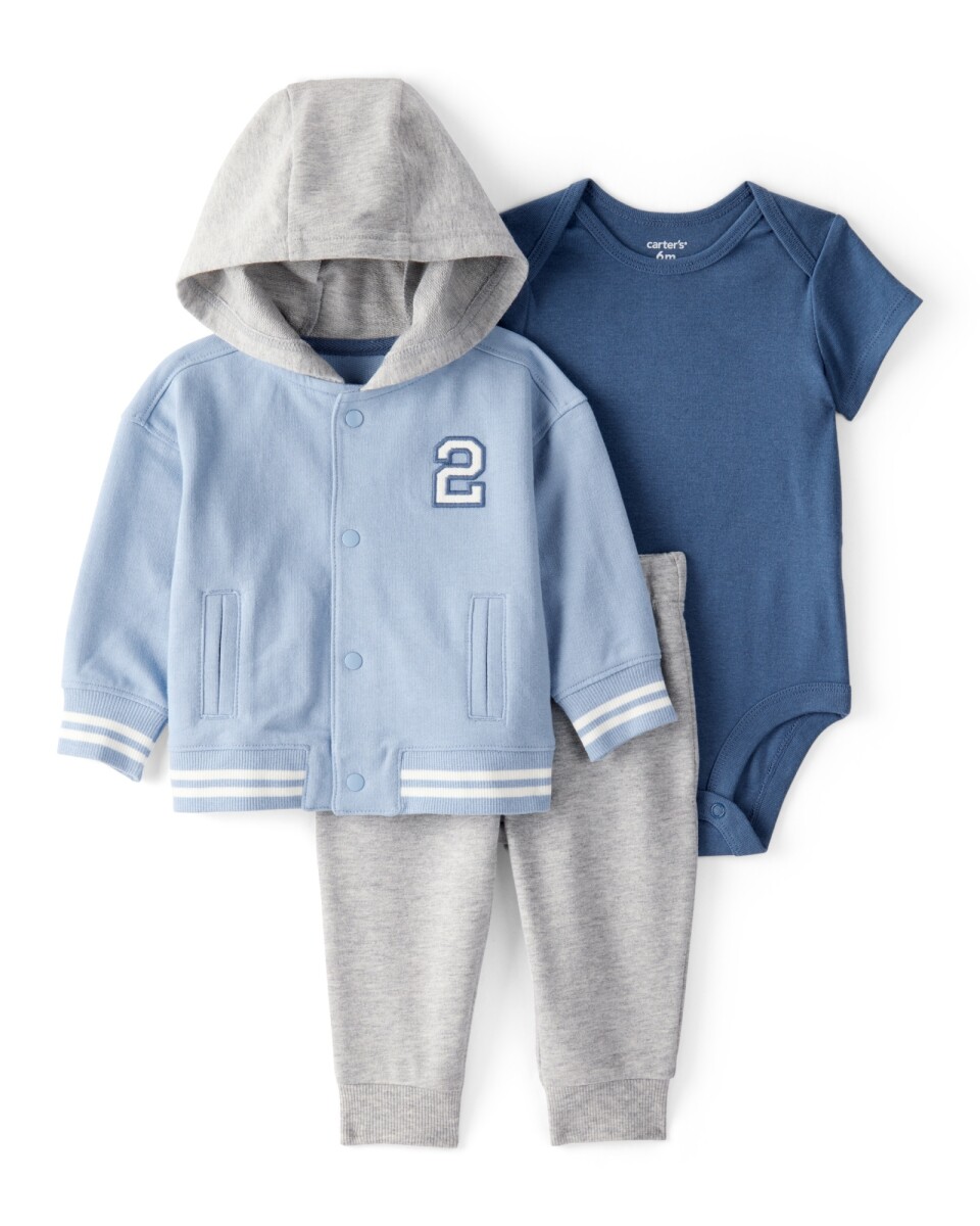 Set tres piezas de algodón, pantalón, saco con capucha y body, azul y gris 