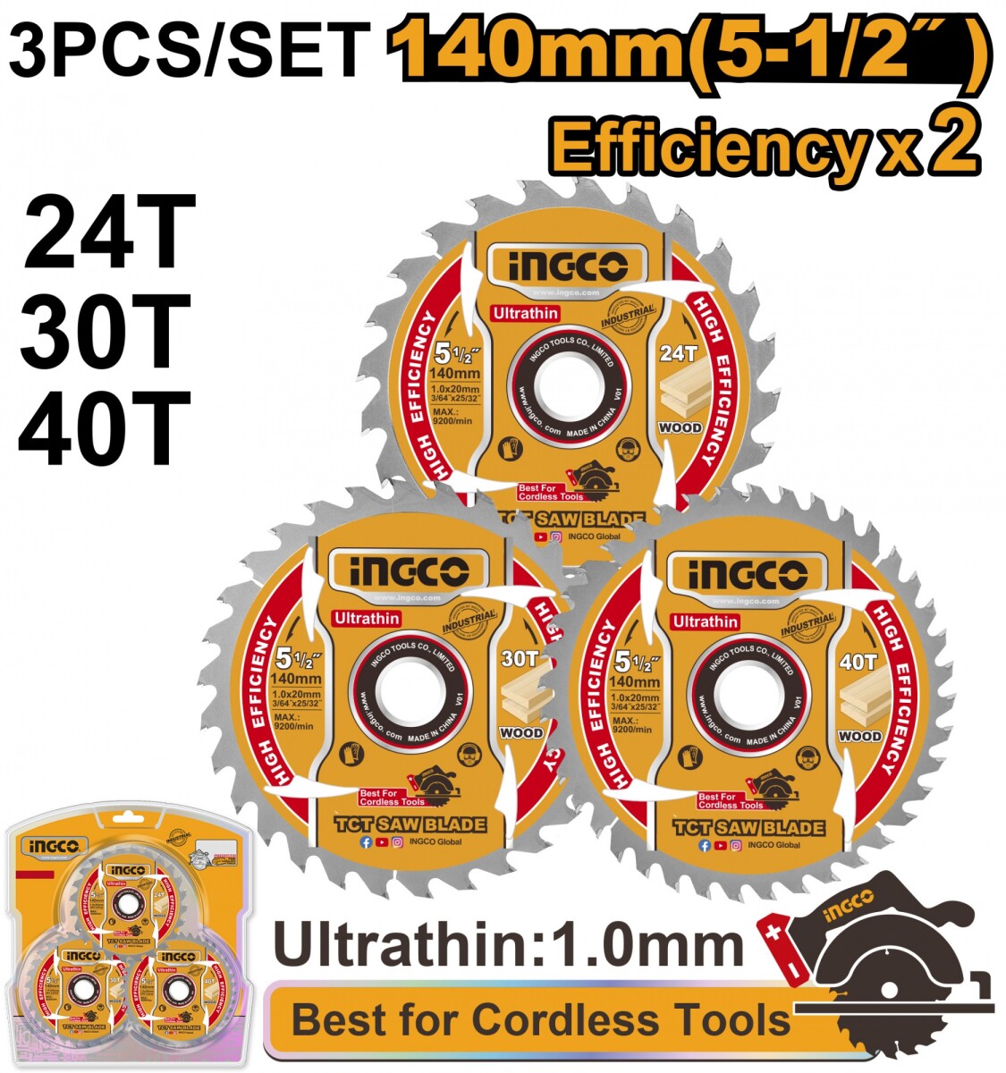 SET X3 DISCOS SIERRA CIRCULAR 140MM 5 1/2´´ TSB4003 INGCO 