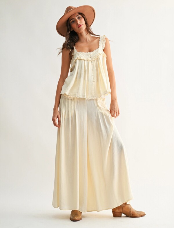 Pantalón Palazzo Fluido De Tiro Alto Con Frunces BEIGE CLARO