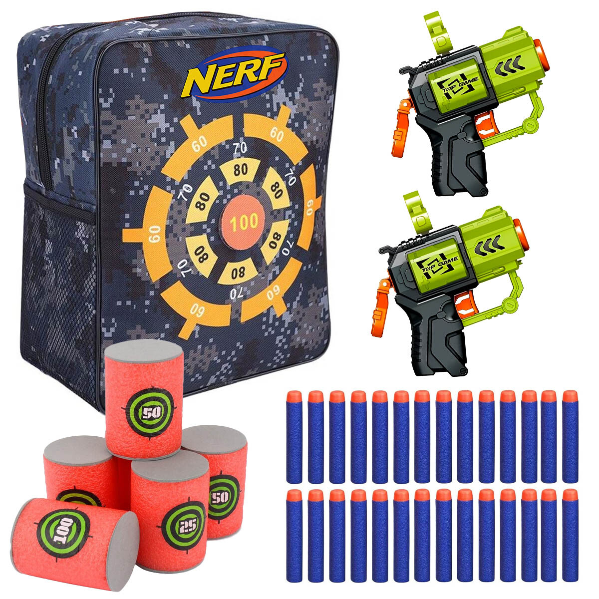 Set Mochila Nerf + 104 Dardos + 2 Pistolas + Accesorios 