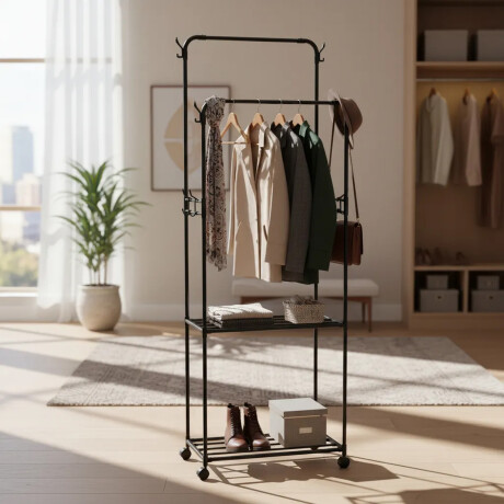 Perchero Armario Doble Barral 2 Niveles Ganchos Laterales Negro