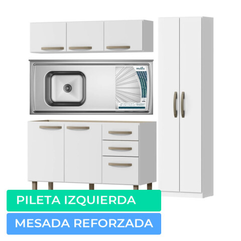 Combo de Cocina Bajo Mesada 3 Puertas + Pileta Izquierda con Hormigón + Aéreo 3 Puertas + Mueble Multiusos 2 Puertas - Blanco Combo de Cocina Bajo Mesada 3 Puertas + Pileta Izquierda con Hormigón + Aéreo 3 Puertas + Mueble Multiusos 2 Puertas - Blanco