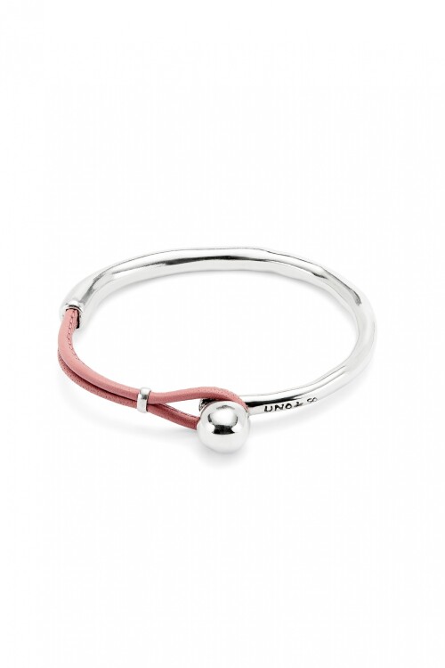 PULSERA SEMIRÍGIDA DE ALEACIÓN DE METALES BAÑADA EN PLATA DE LEY CON CUERO ROSA Pulsera