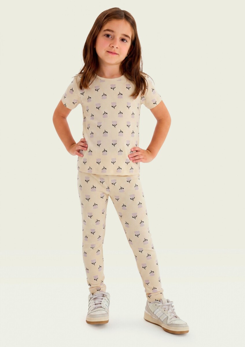 CALZA INFANTIL ESTAMPADA EN TELA ACANALADA - BEIGE 