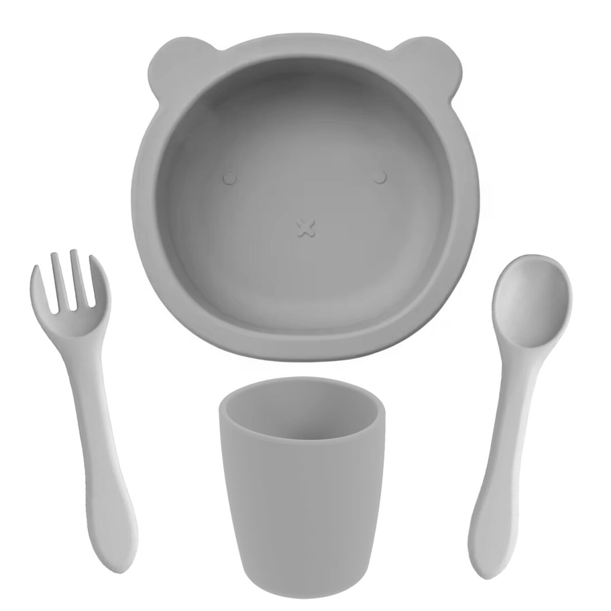 Set Comida Bebé en Silicona Bowl + Cuchara y Tenedor + Vaso - Gris 