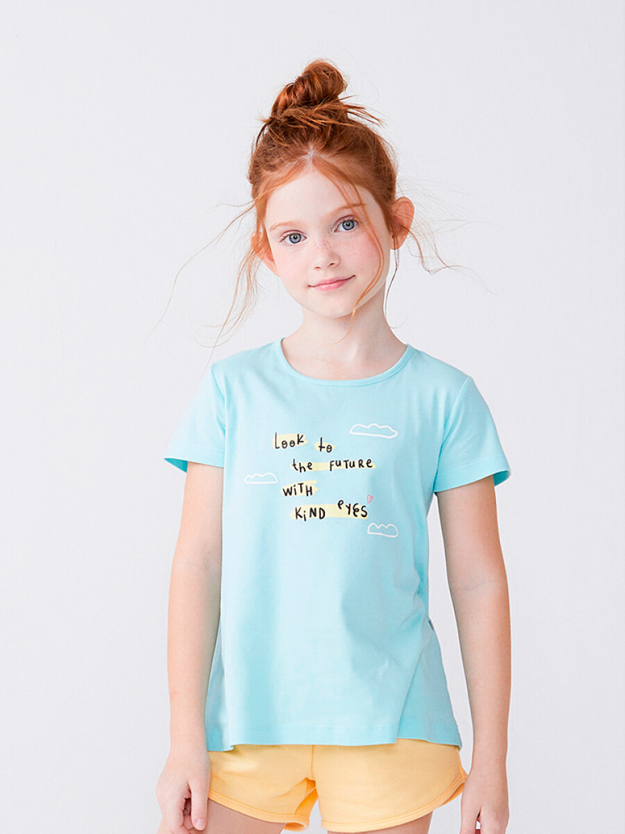 CAMISETA DE NIÑA MANGA CORTA ESTAMPADA - CELESTE 
