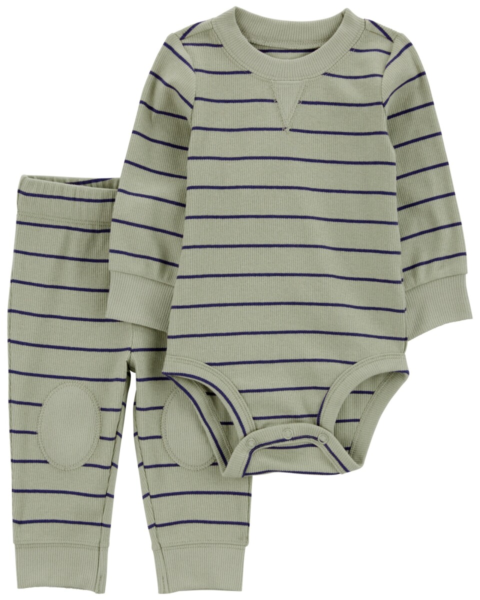 Set dos piezas de algodón, pantalón con rodilleras y body, diseño a rayas 