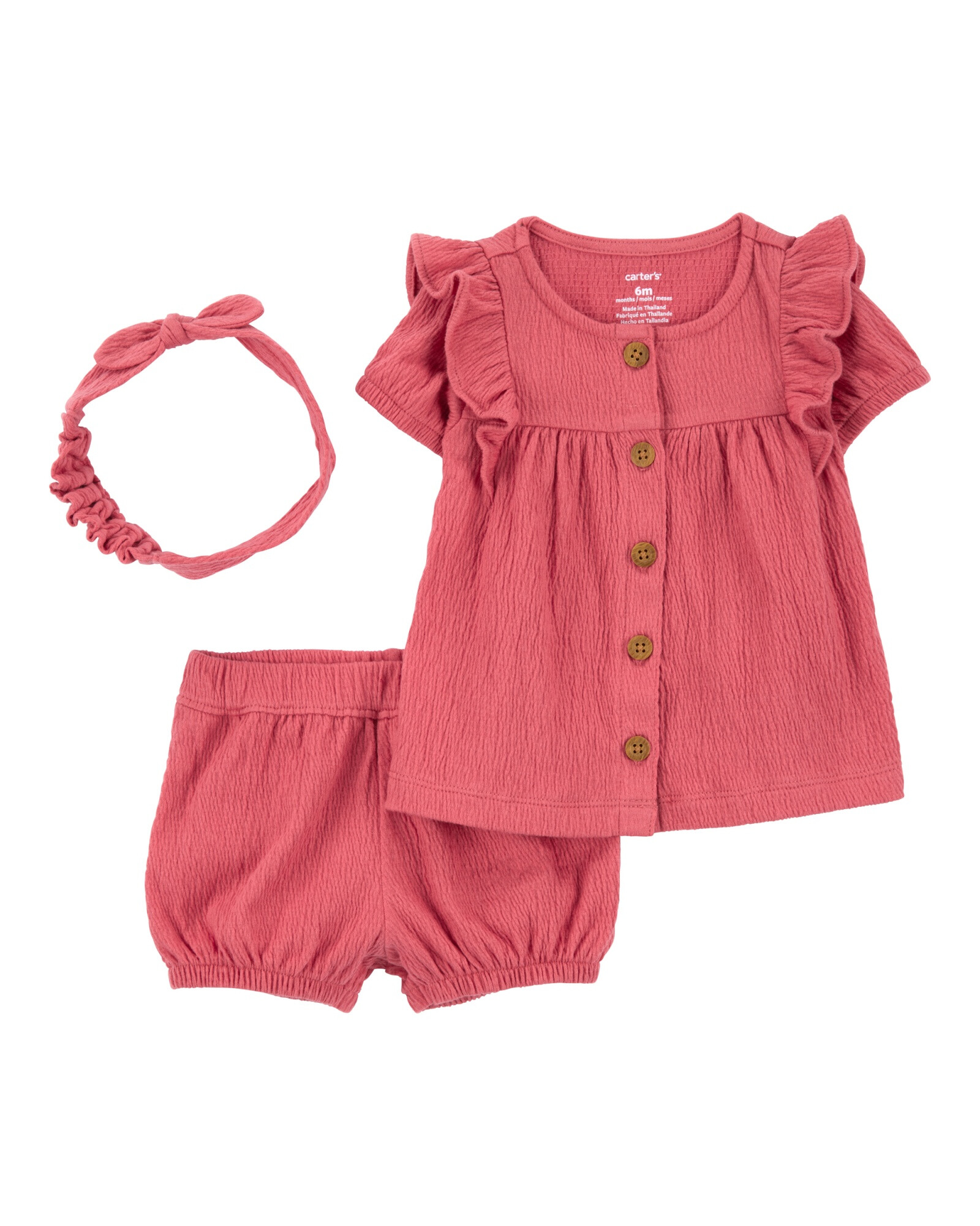 Set tres piezas de jersey arrugado, short, blusa y vincha Sin color
