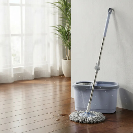 Mopa Extensible Giratoria 360° Con Balde Metal y 2 Repuestos Gris