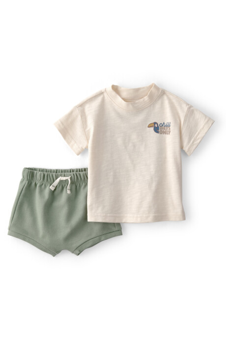 Set dos piezas de algodón, short y remera, verde y crema, estampa tucán Sin color