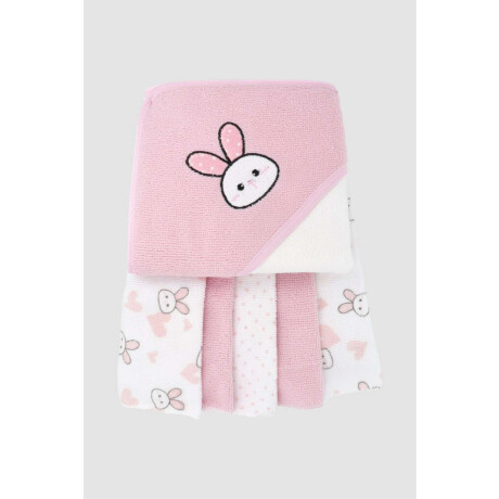 Toalla con capucha + 5 babitas bebe conejo Rosado