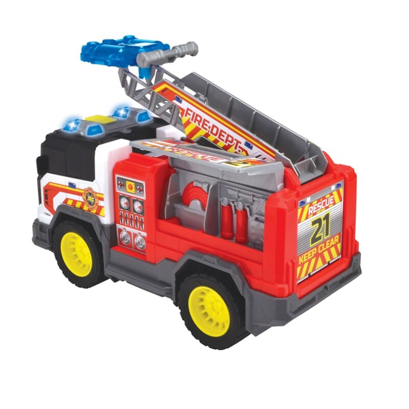 Camión de Bomberos Dickie 30 cm con Luz y Sonido DICKIE CAMION DE BOMBEROS RUEDA LIBRE, LUZ, SONIDO, ESCALERA PLEGABLE, PUERTA LATERAL ABATIBLE, LANZADOR DE DISCOS, PALAS LATERA