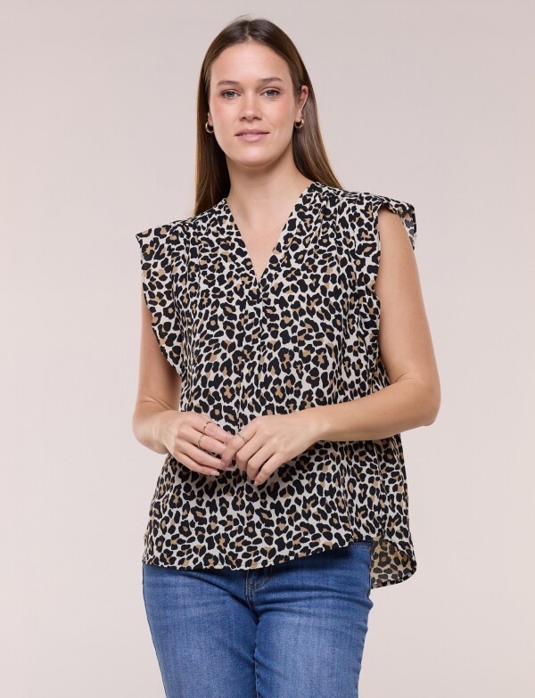 Blusa Holgada Manga Casquillo Con Volado MULTI/BEIGE
