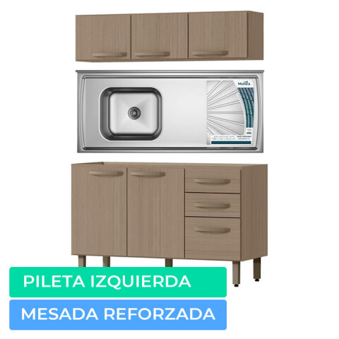 Combo de Cocina Bajo Mesada 3 Puertas 2 cajones + Pileta Izquierda Reforzada con Hormigón Célular + Aéreo 3 Puertas Noce Combo de Cocina Bajo Mesada 3 Puertas 2 cajones + Pileta Izquierda Reforzada con Hormigón Célular + Aéreo 3 Puertas Noce