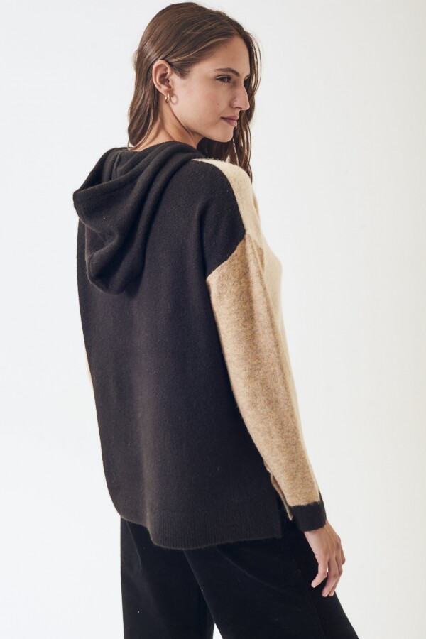 Sweater Color Block Capucha Beige Melange