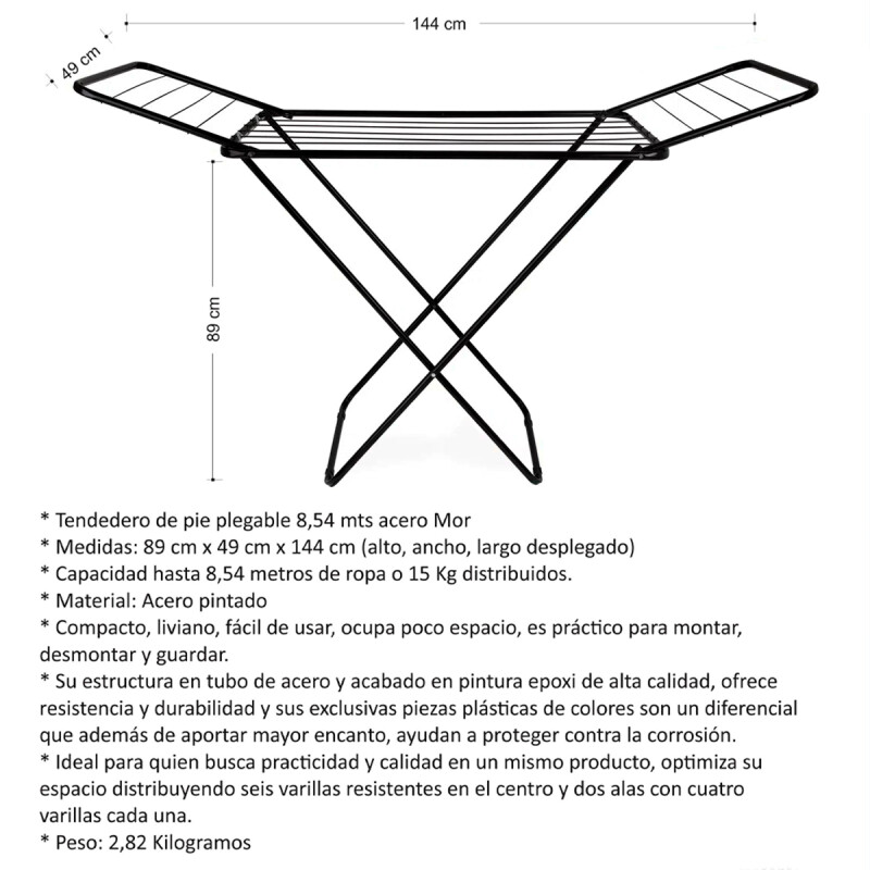 Tendedero de piso con extensiones Slim en acero 8,54 mts NEGRO