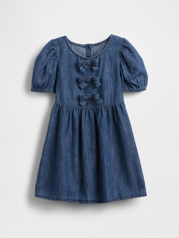 SS DNM PUFF SLV BOW DRS DARK WASH