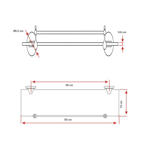 Repisa Cromada Simple Con Estante De Vidrio 50X0.6X12Cm, Instalacion Con Tornillos 000