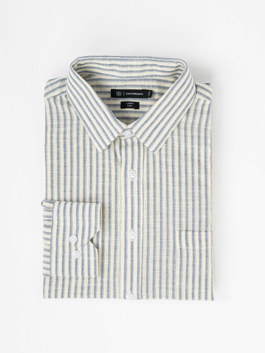 Camisa m/l efecto lino rayada - celeste 