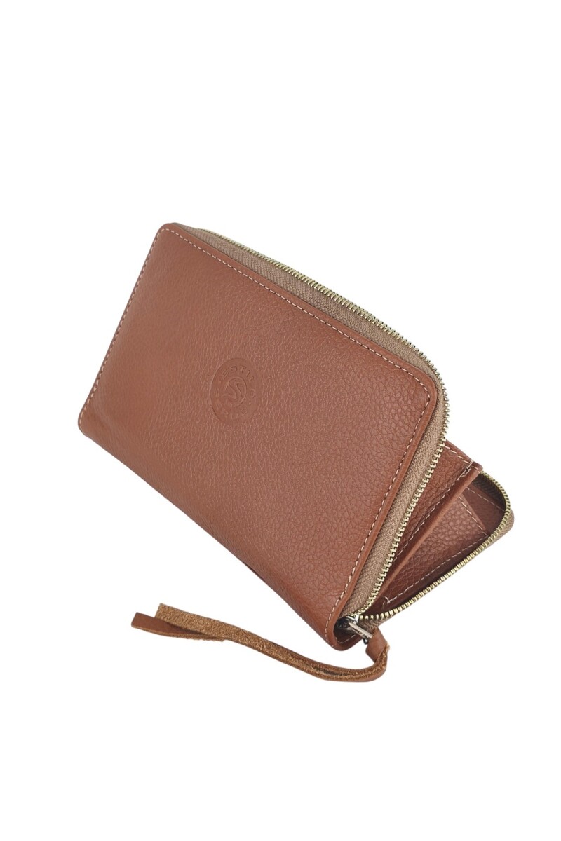 Monedero de Cuero Genuino de Gran Capacidad con Cierre Perimetral Marrón