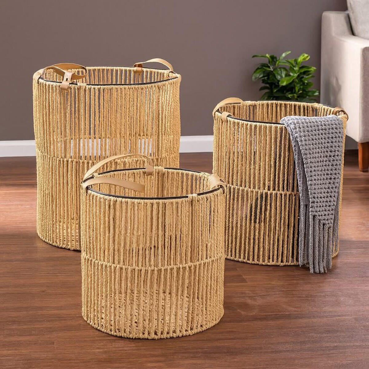 Set de 3 Canastos Tejidos de Cuerda Natural 