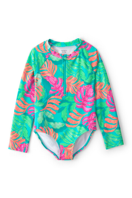 Malla de baño 1 pieza manga larga con protección UPF 50+, verde, diseño tropical Sin color