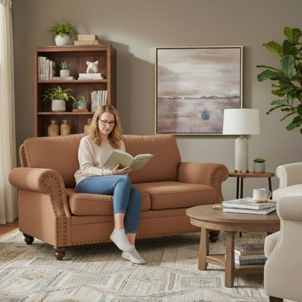 SOFÁ SILLÓN 2 CUERPOS DE NUBUCK - CON TACHAS BEIGE