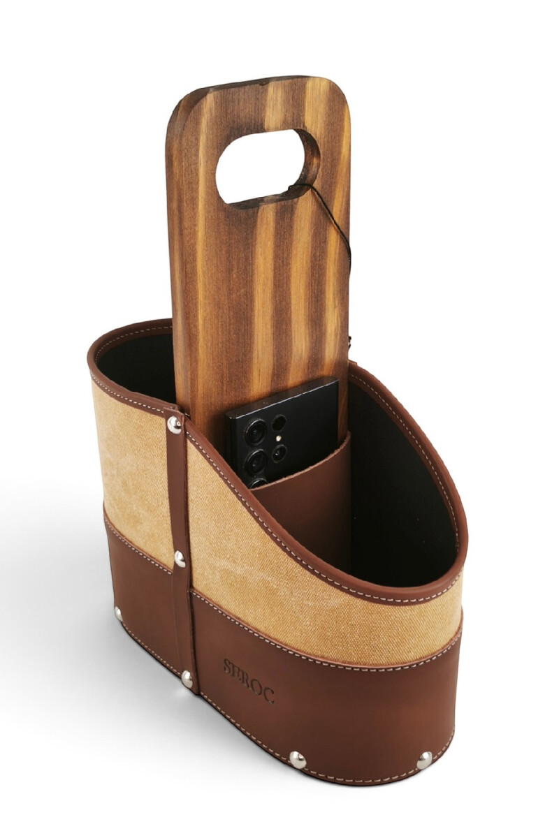 Porta termo y mate en madera y lona con porta celular y porta bombilla Beige
