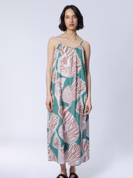 Vestido algodón estampa Hojas Verde