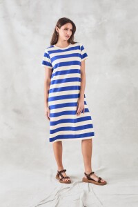 Vestido Rayado Con Lino Azul Francia