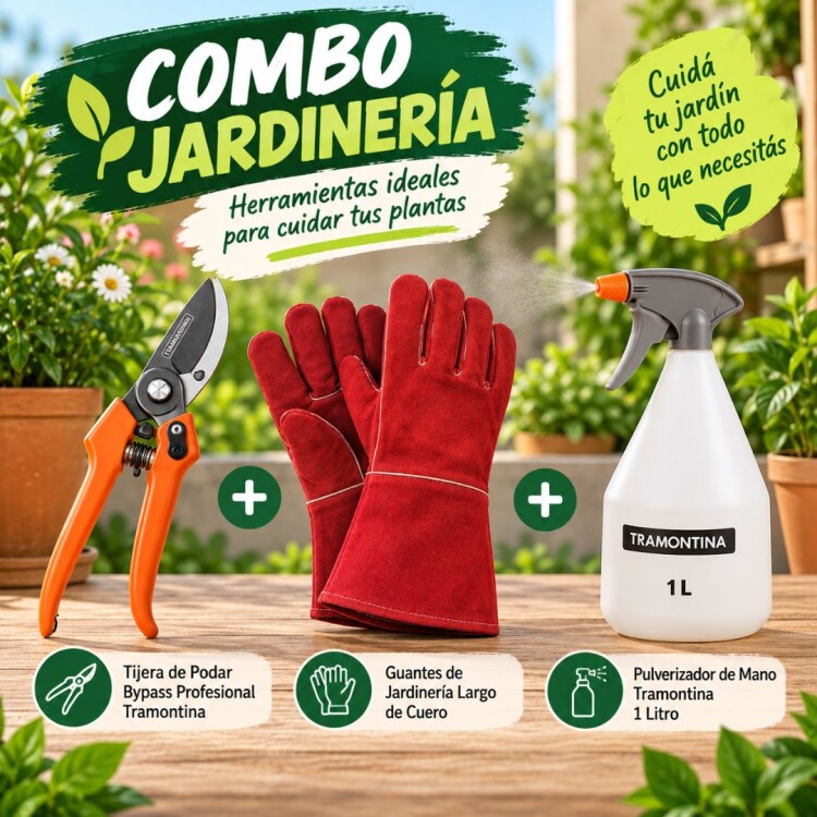 Combo Tijera de Podar + Guantes Jardineria + Pulverizador 1L Combo Tijera de Podar + Guantes Jardineria + Pulverizador 1L