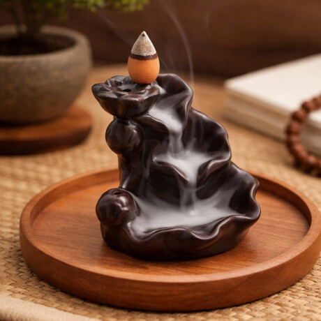 Porta Incienso cascada de cerámica para cono Hojas Negro