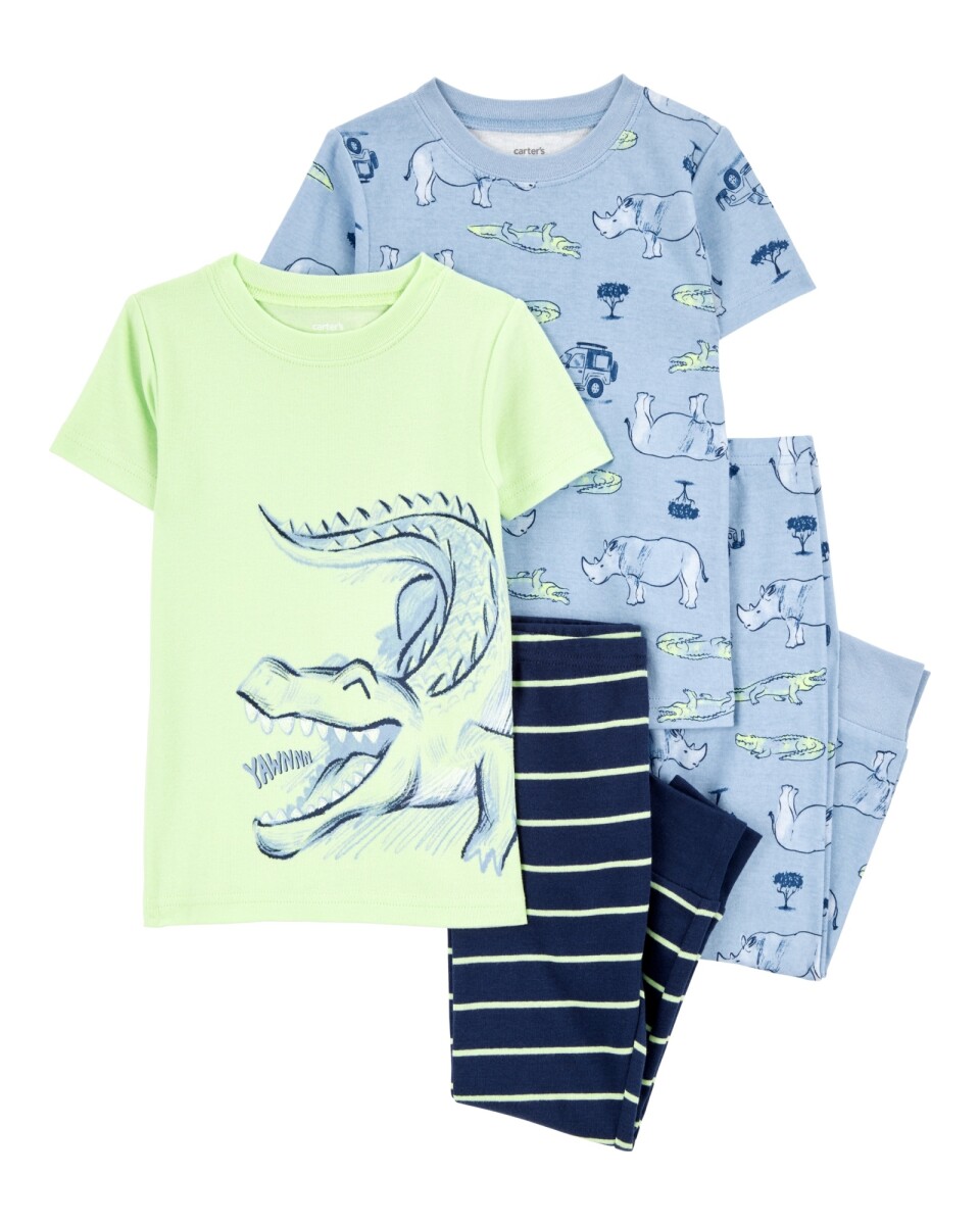 Pijama cuatro piezas de algodón, dos pantalones y dos remeras, diseño caimán 