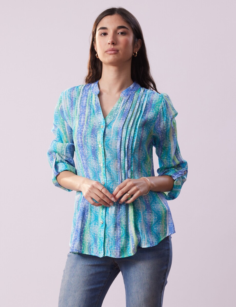 Blusa Gasa Print - Multi/celeste 